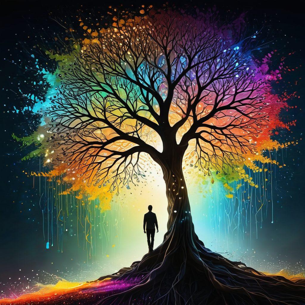 A conceptual representation of the journey from data to wisdom, featuring a vibrant visual metaphor with flowing streams of binary code transforming into a glowing tree symbolizing knowledge. In the background, a collage of diverse human silhouettes representing various perspectives, merging into a luminous mindscape. The scene should be filled with dynamic colors and ethereal light, capturing the essence of analytical exploration. ultra-realistic. vibrant colors. abstract art.